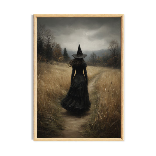 Dark witch cottagecore print with black dress and pointed hat on country path