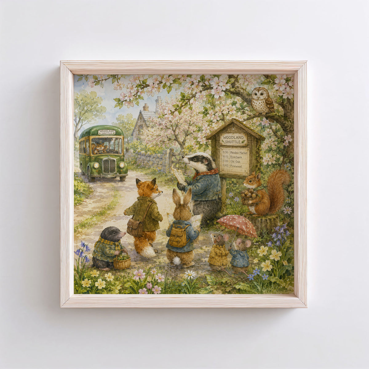 Woodland animal nursery print with badger, fox, rabbit, squirrel, owl and vintage woodland bus
