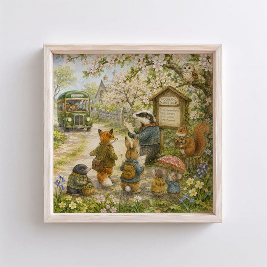 Woodland animal nursery print with badger, fox, rabbit, squirrel, owl and vintage woodland bus