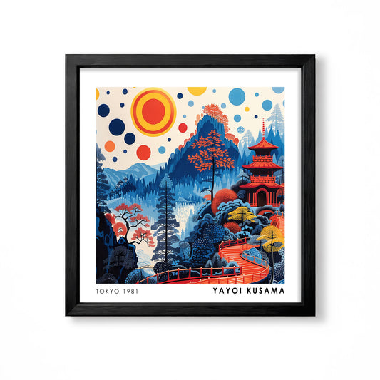 Yayoi Kusama inspired abstract Japanese pagoda mountain landscape with colourful circles wall art print