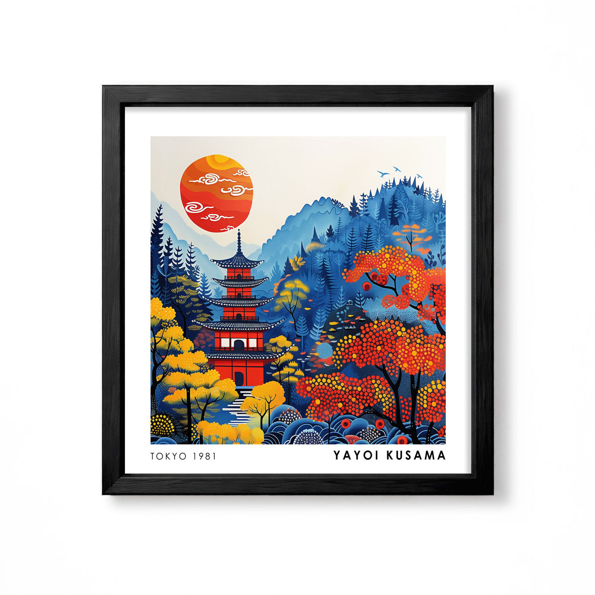 Yayoi Kusama inspired autumn Japanese pagoda red sun mountain landscape wall art print