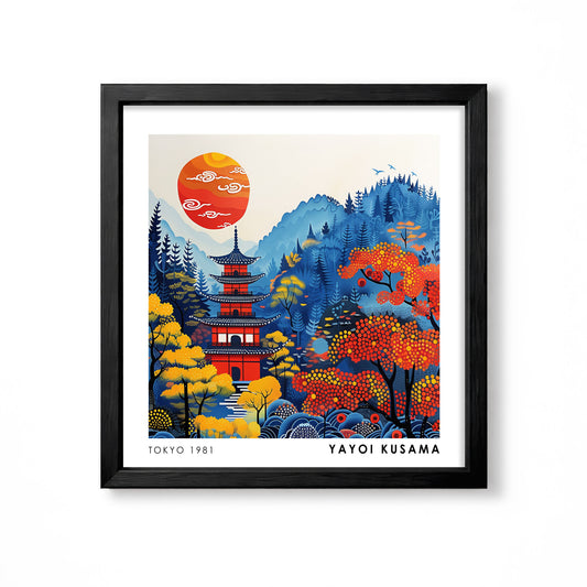 Yayoi Kusama inspired autumn Japanese pagoda red sun mountain landscape wall art print