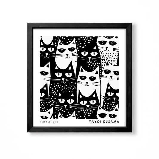 Yayoi Kusama inspired black and white cat pattern Japanese wall art print