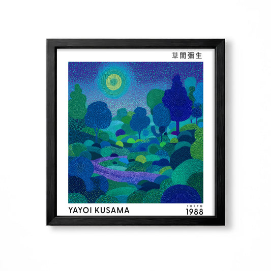 Yayoi Kusama inspired blue forest Japanese polka dot landscape wall art print