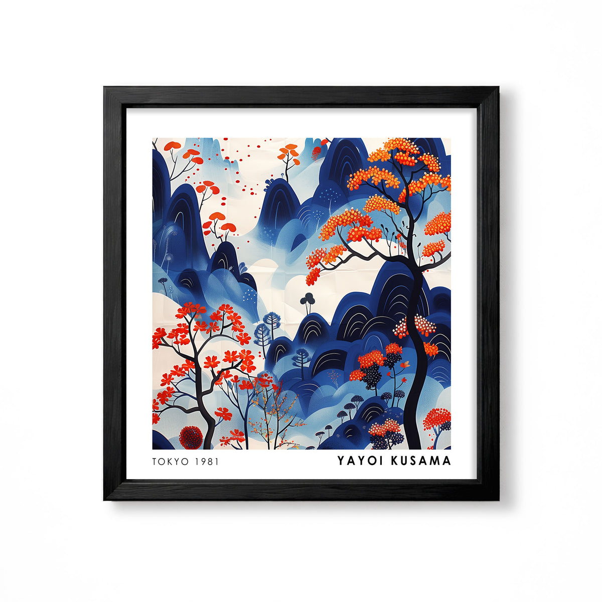 Yayoi Kusama inspired blue mountain orange tree Japanese landscape wall art print