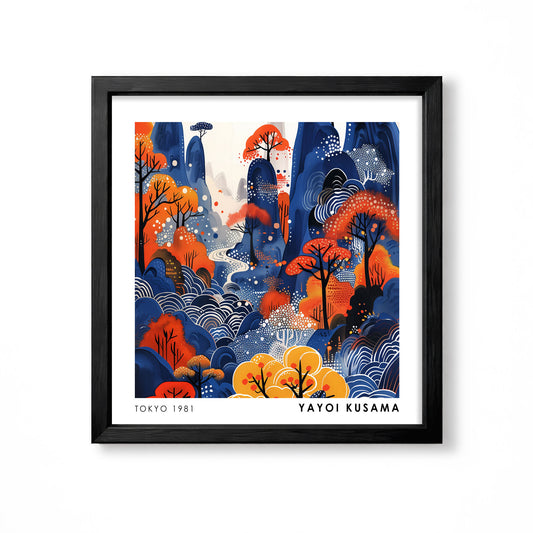 Yayoi Kusama inspired blue and orange mountain forest Japanese landscape wall art print