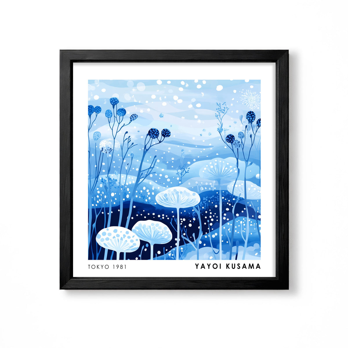 Yayoi Kusama inspired blue and white polka dot mushroom meadow wall art print