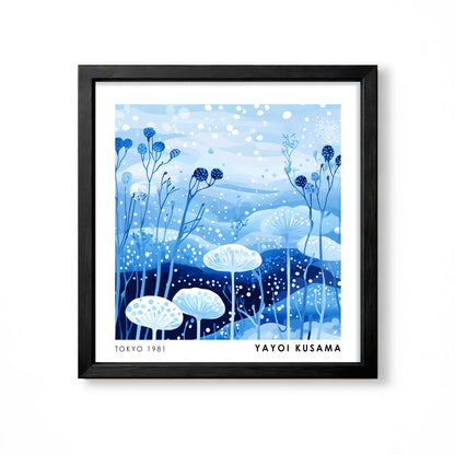 Yayoi Kusama inspired blue and white polka dot mushroom meadow wall art print