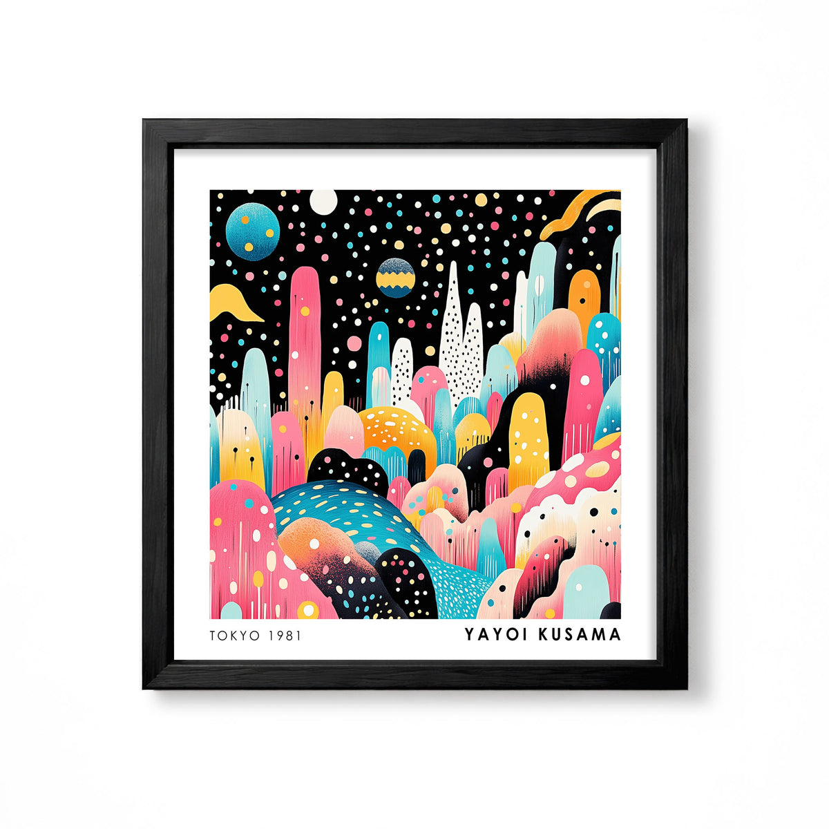 Yayoi Kusama inspired colourful pink blue orange abstract polka dot landscape wall art print