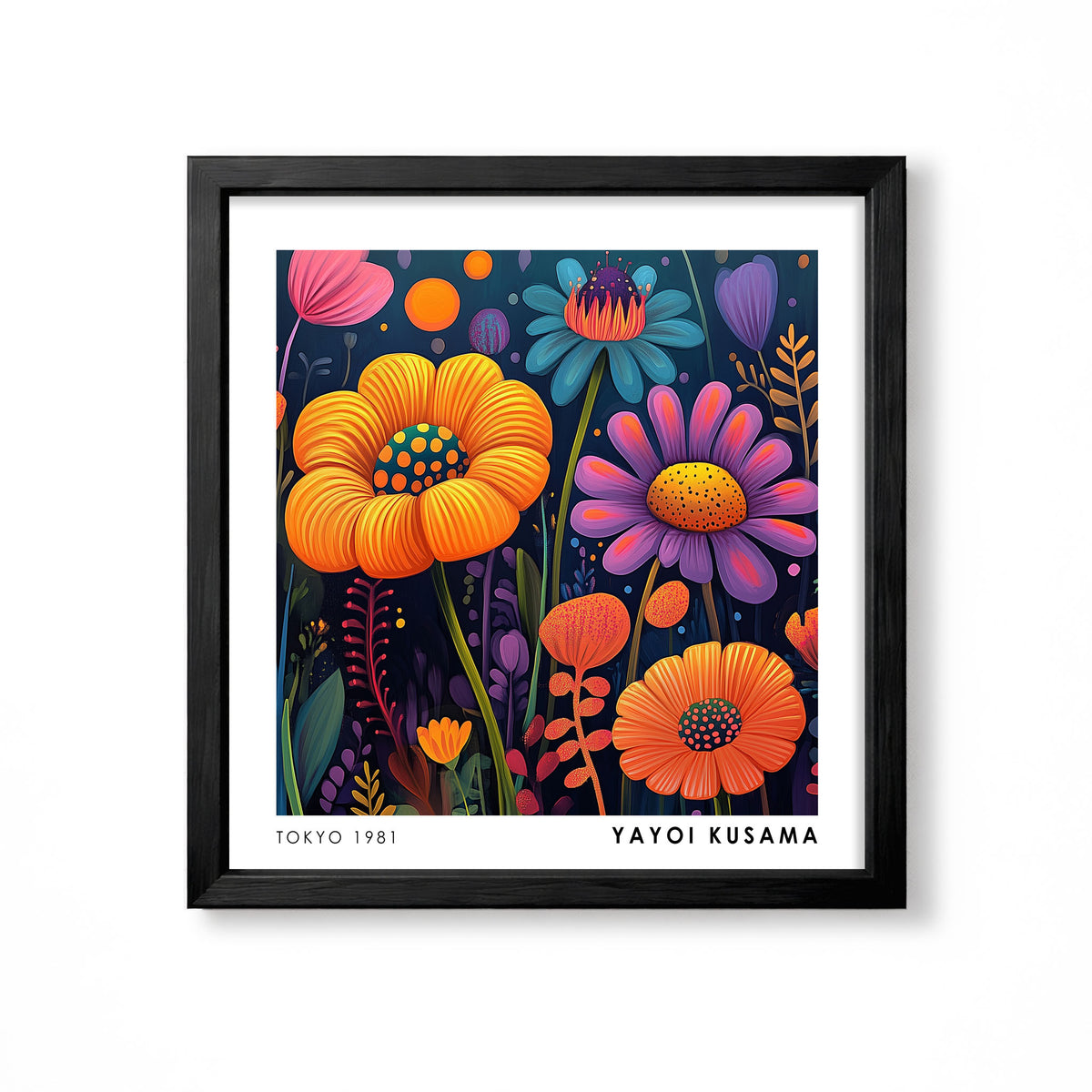Yayoi Kusama inspired colourful orange purple and blue flower garden wall art print