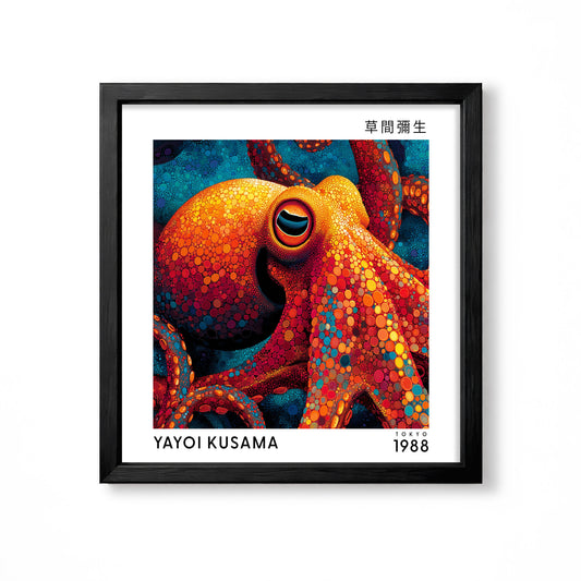 Yayoi Kusama inspired colourful orange red octopus Japanese polka dot wall art print