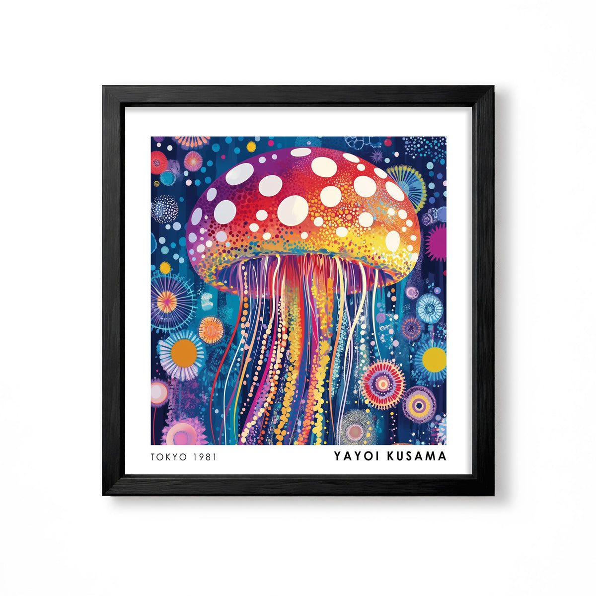 Yayoi Kusama inspired colourful giant polka dot mushroom abstract wall art print