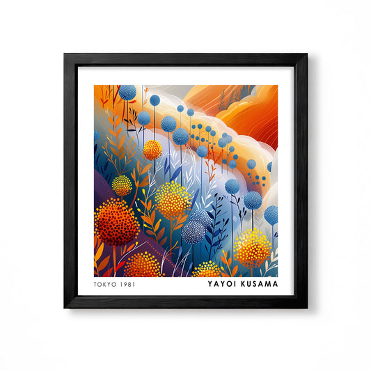 Yayoi Kusama inspired orange yellow and blue dotted botanical garden floral wall art print