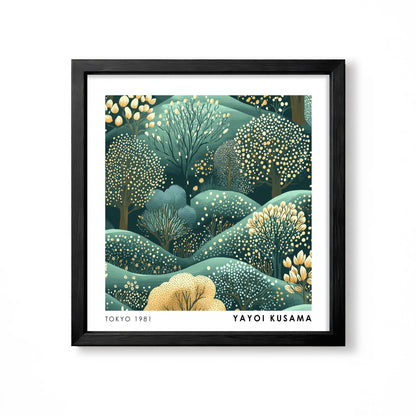 Yayoi Kusama inspired green dotted forest landscape Japanese wall art print