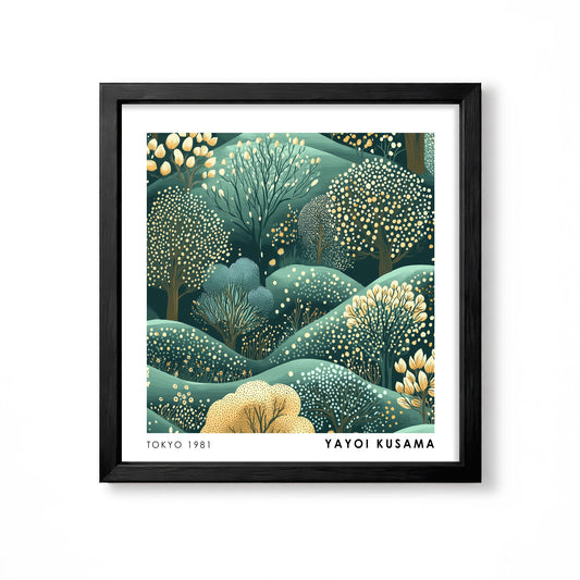 Yayoi Kusama inspired green dotted forest landscape Japanese wall art print