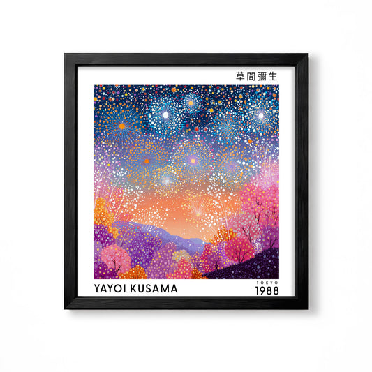 Yayoi Kusama inspired colourful fireworks landscape Japanese wall art print