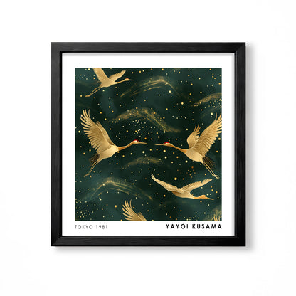 Yayoi Kusama inspired golden cranes dark green Japanese bird wall art print