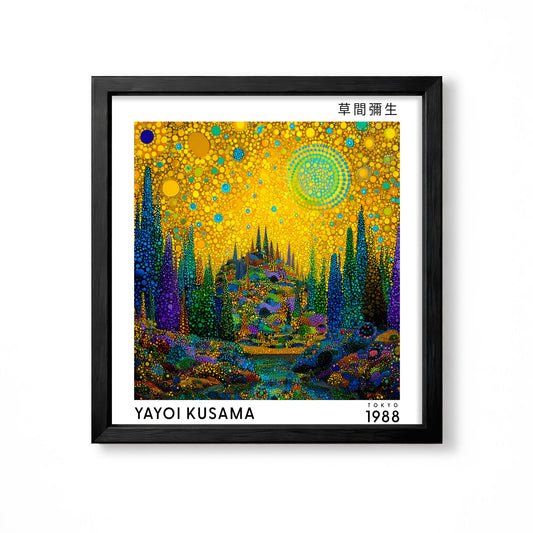 Yayoi Kusama inspired golden fantasy forest Japanese polka dot landscape wall art print