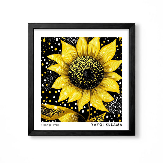 Yayoi Kusama inspired golden yellow sunflower black polka dot Japanese wall art print