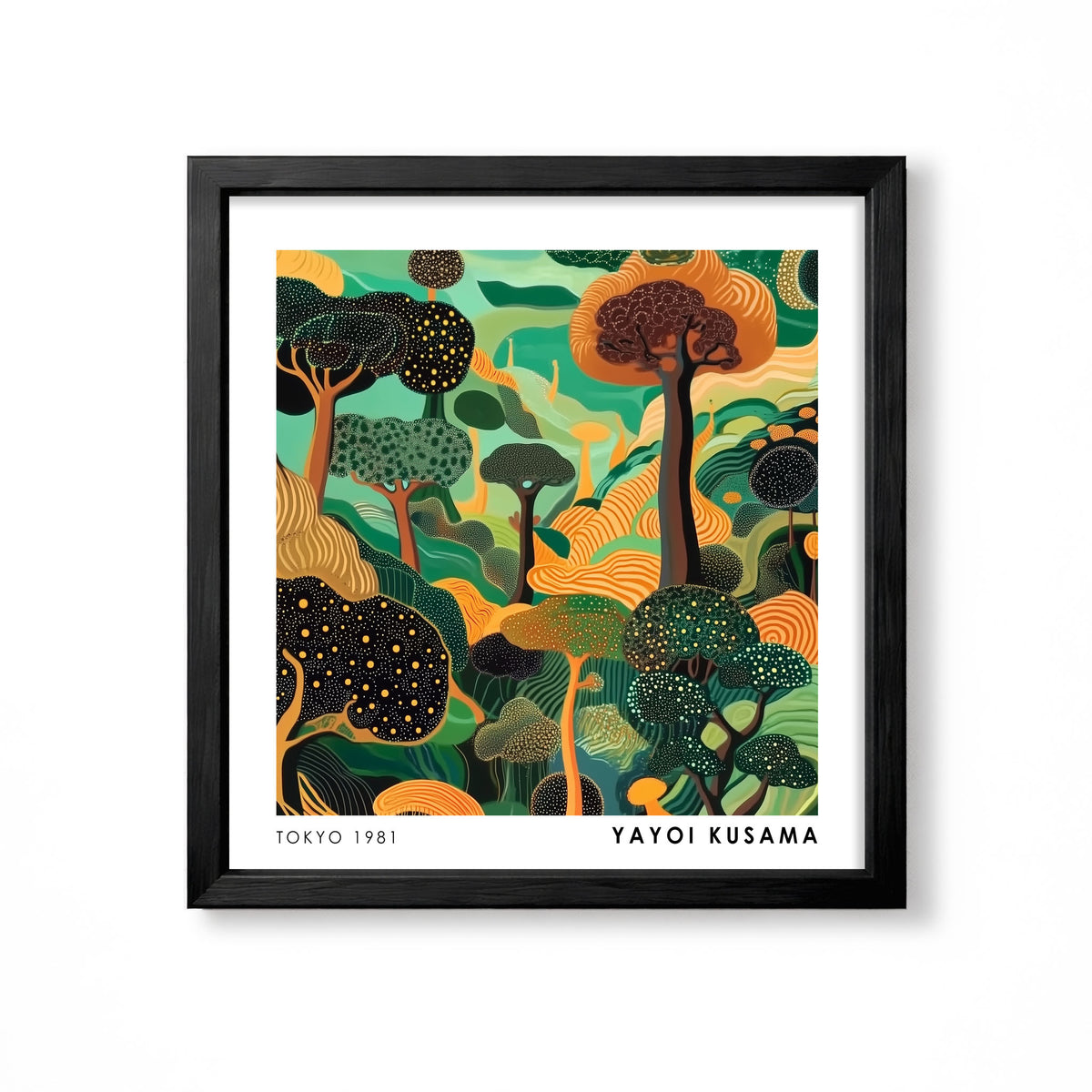 Yayoi Kusama inspired green gold and orange stylised forest Japanese botanical wall art print