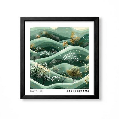 Yayoi Kusama inspired green rolling hills dotted trees Japanese botanical landscape wall art print