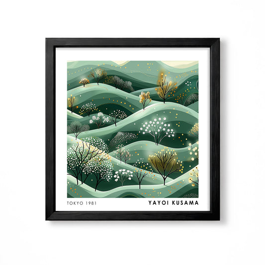 Yayoi Kusama inspired green rolling hills dotted trees Japanese botanical landscape wall art print