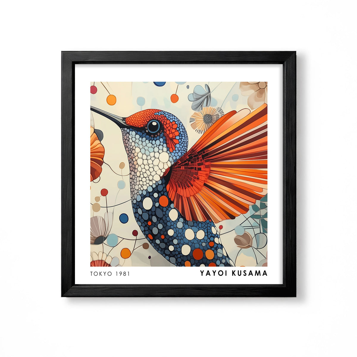 Yayoi Kusama inspired hummingbird orange blue cream colourful Japanese bird wall art print