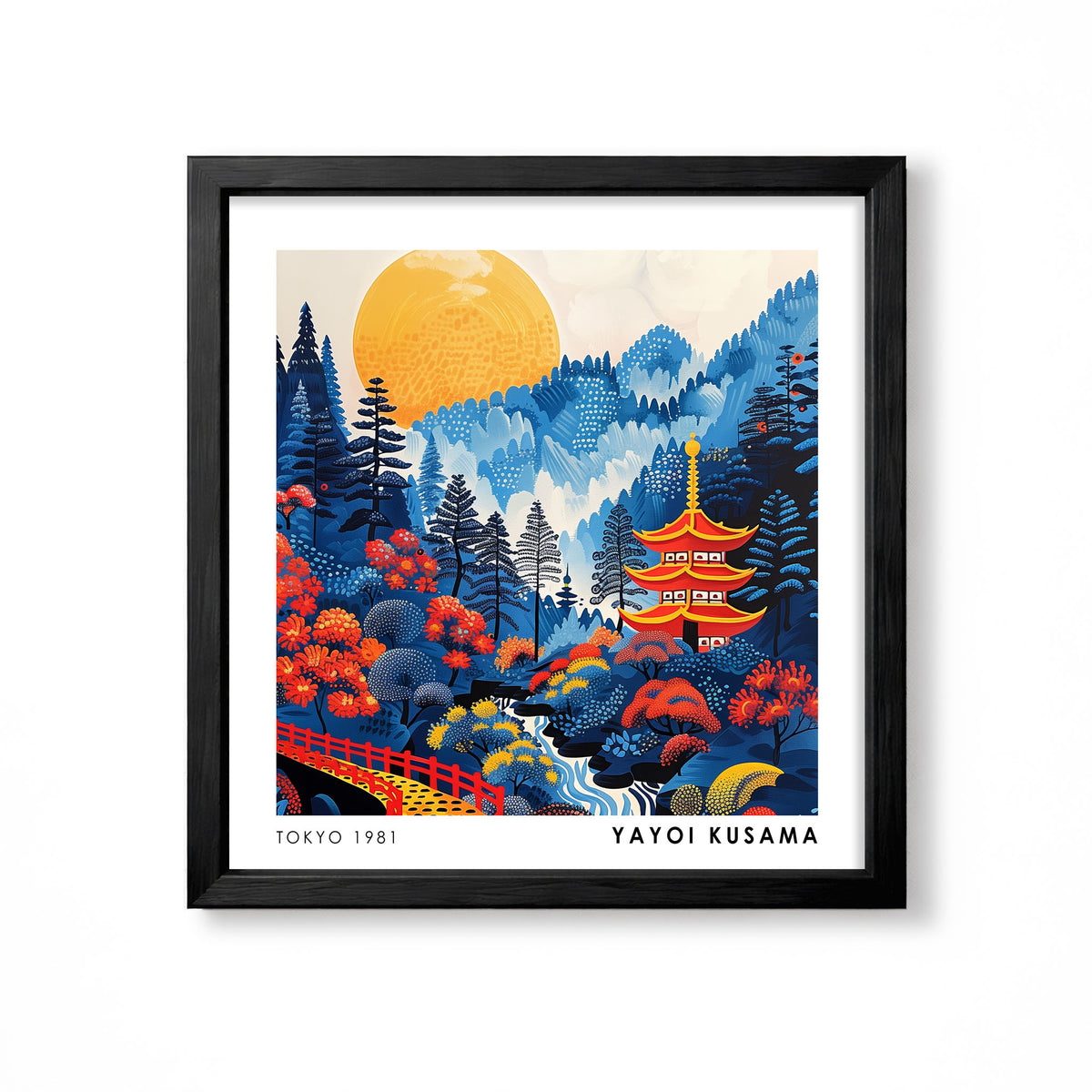 Yayoi Kusama inspired Japanese pagoda golden sun blue mountain landscape wall art print
