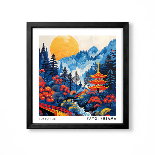 Yayoi Kusama inspired Japanese pagoda golden sun blue mountain landscape wall art print