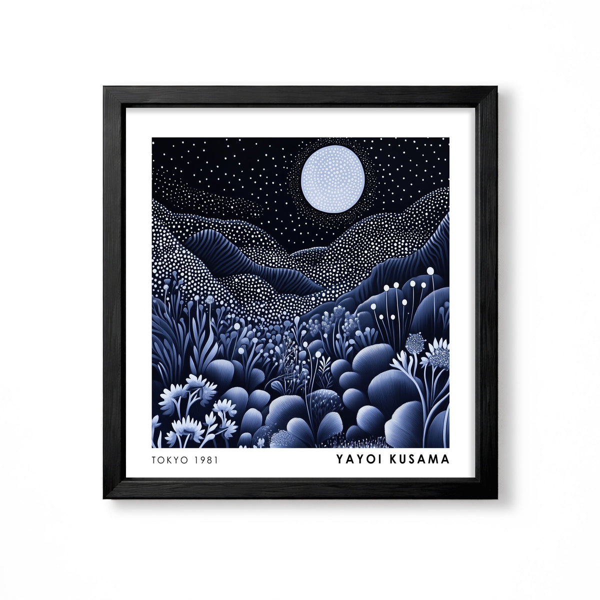 Yayoi Kusama inspired moonlit black and white polka dot mountain landscape wall art print