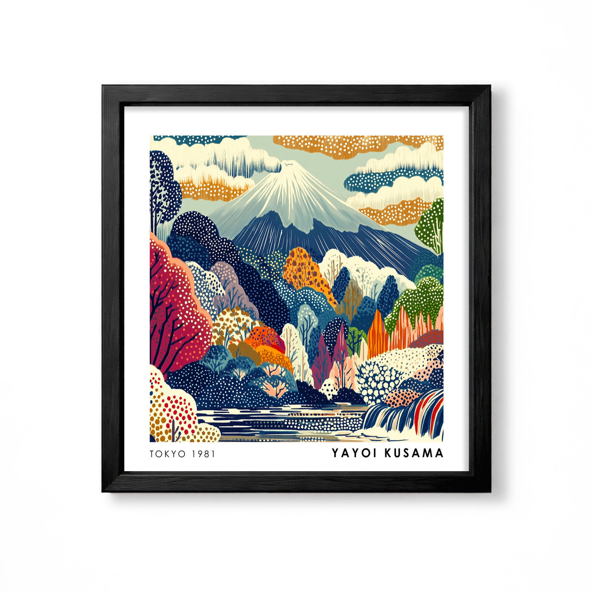Yayoi Kusama inspired Mount Fuji autumn forest waterfall Japanese landscape wall art print