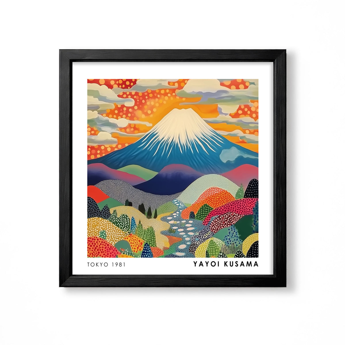 Yayoi Kusama inspired Mount Fuji colourful polka dot Japanese landscape wall art print