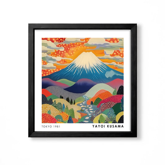 Yayoi Kusama inspired Mount Fuji colourful polka dot Japanese landscape wall art print