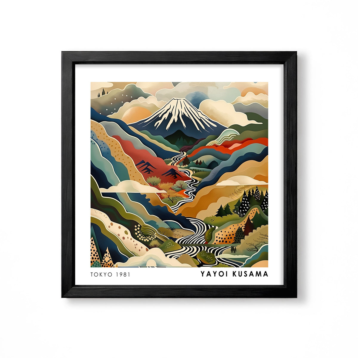 Yayoi Kusama inspired Mount Fuji winding river Japanese mountain landscape wall art print