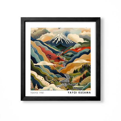 Yayoi Kusama inspired Mount Fuji winding river Japanese mountain landscape wall art print