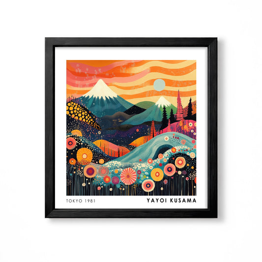 Yayoi Kusama inspired Mount Fuji orange sunset floral Japanese landscape wall art print