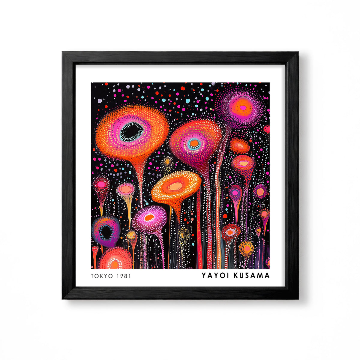 Yayoi Kusama inspired neon orange pink purple abstract flower polka dot wall art print