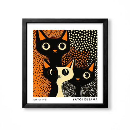 Yayoi Kusama inspired orange black and cream polka dot cat wall art print