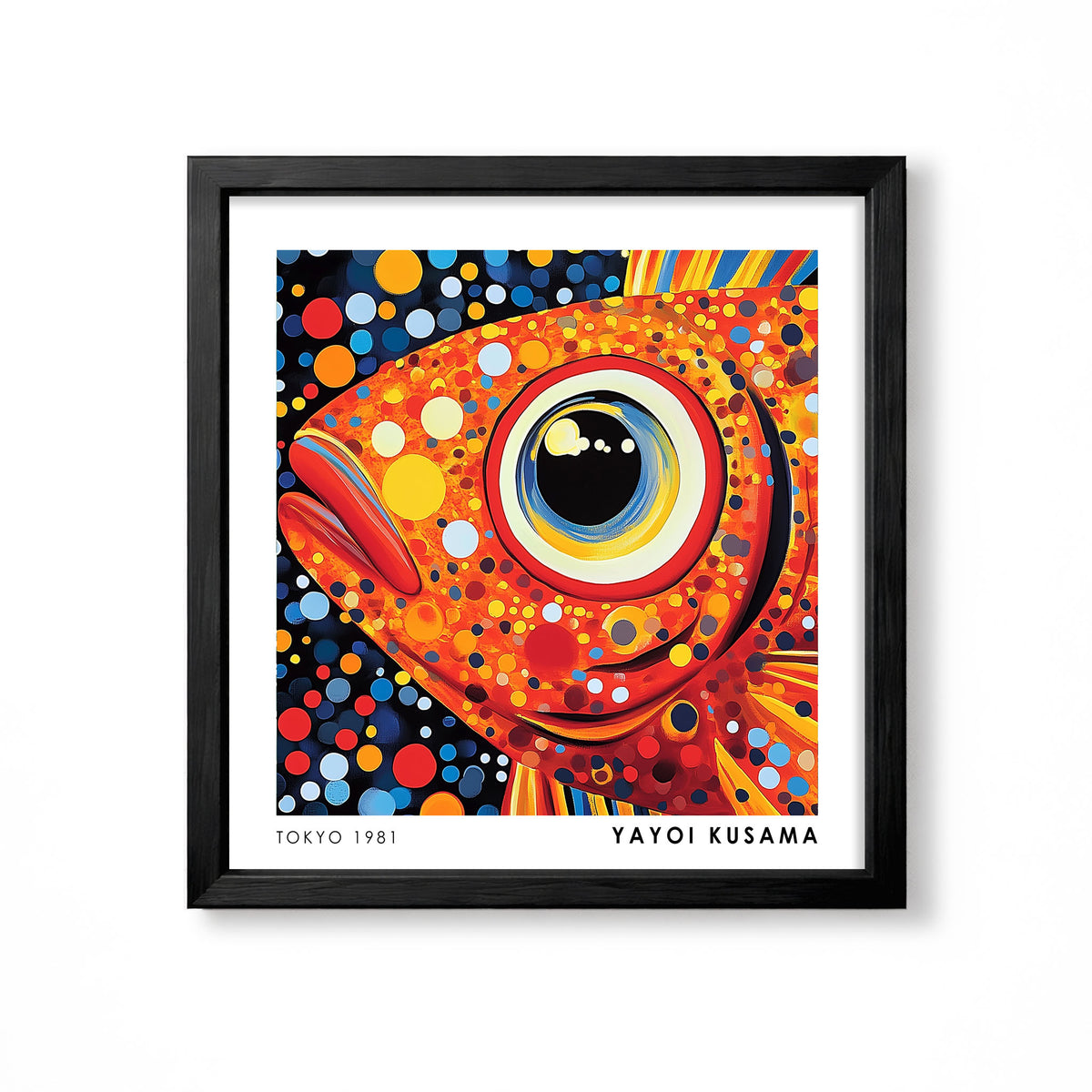 Yayoi Kusama inspired orange fish close-up colourful polka dot ocean wall art print