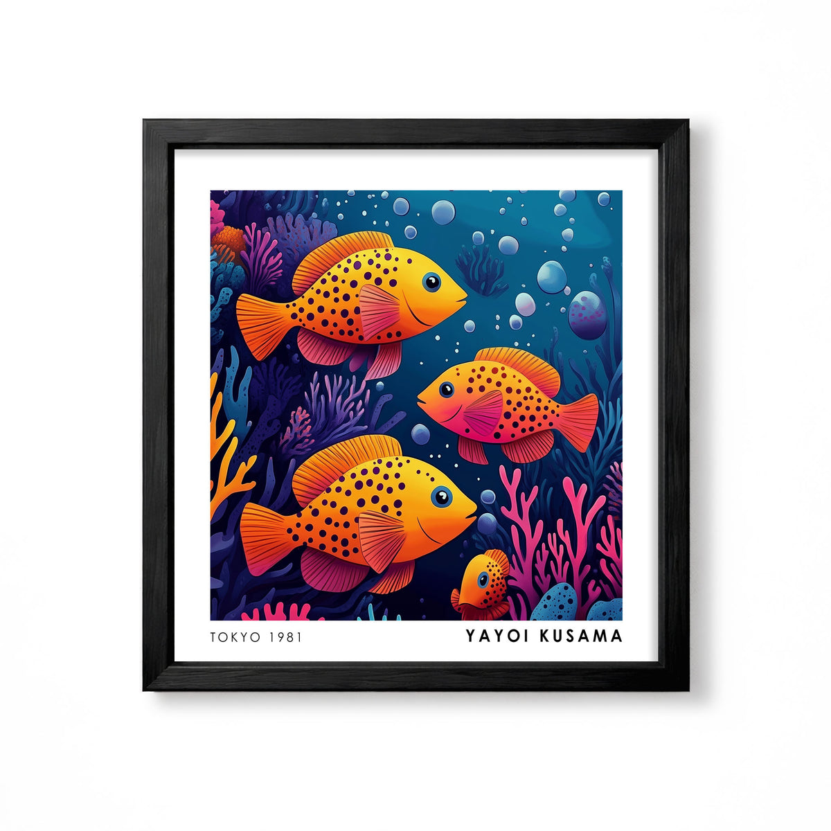 Yayoi Kusama inspired orange fish colourful coral reef Japanese ocean wall art print