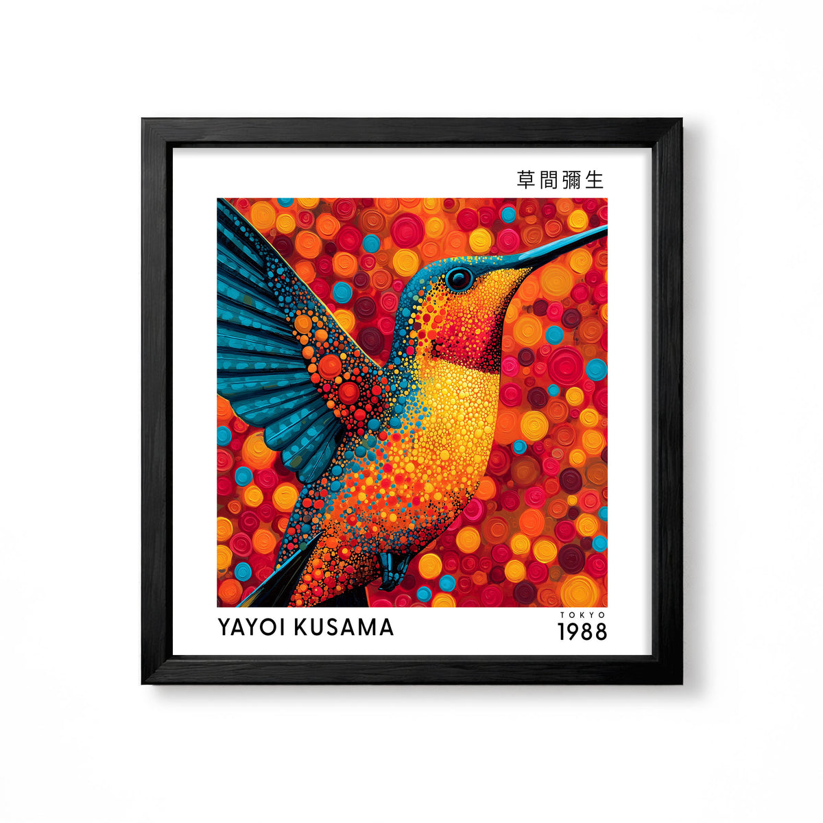 Yayoi Kusama inspired orange hummingbird Japanese polka dot wall art print