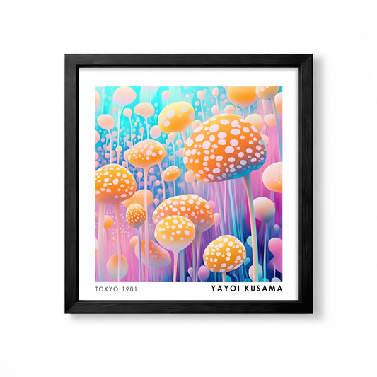 Yayoi Kusama inspired orange spotted mushroom forest colourful wall art print