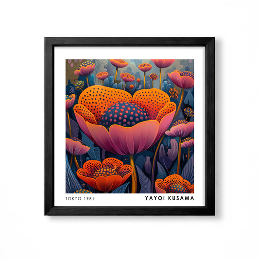 Yayoi Kusama inspired orange and pink polka dot flower garden wall art print
