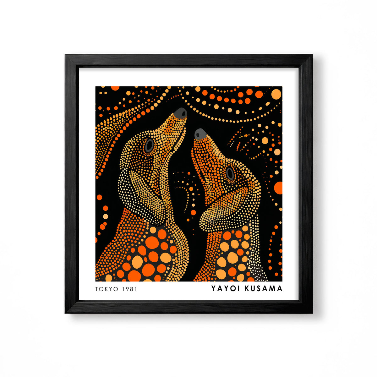 Yayoi Kusama inspired orange and cream polka dot canine pair black wall art print