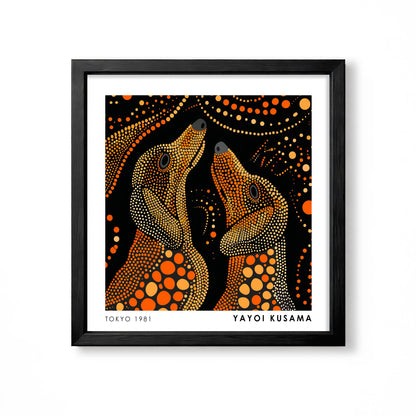 Yayoi Kusama inspired orange and cream polka dot canine pair black wall art print
