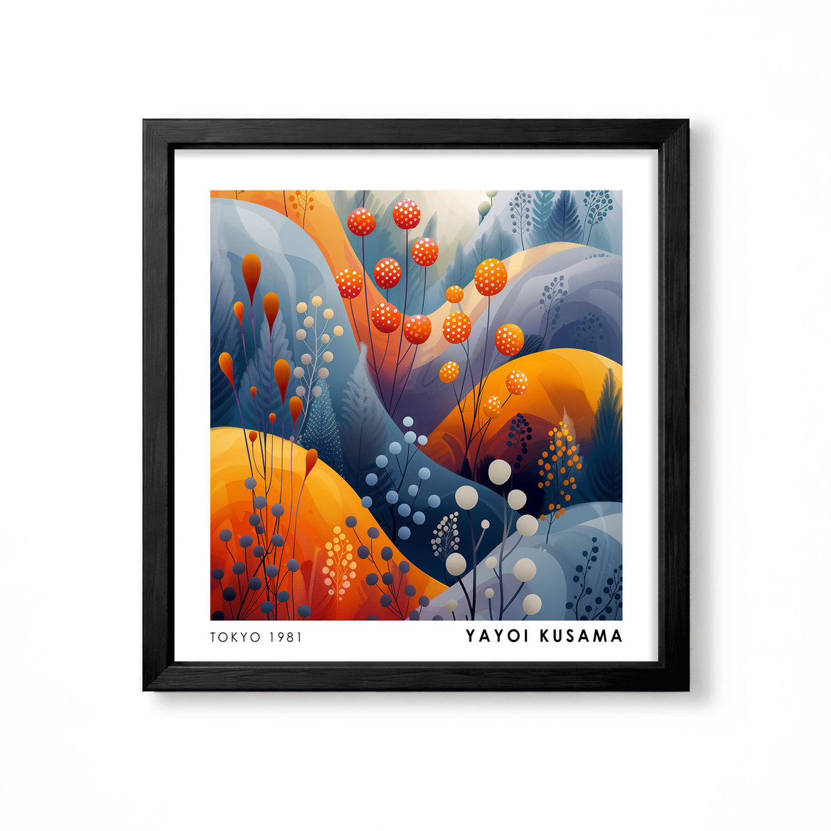 Yayoi Kusama inspired orange red and blue dotted seed pod botanical wall art print