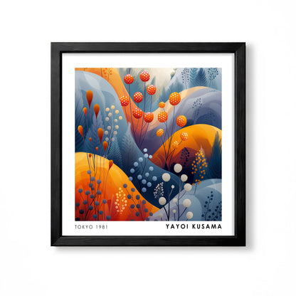 Yayoi Kusama inspired orange red and blue dotted seed pod botanical wall art print