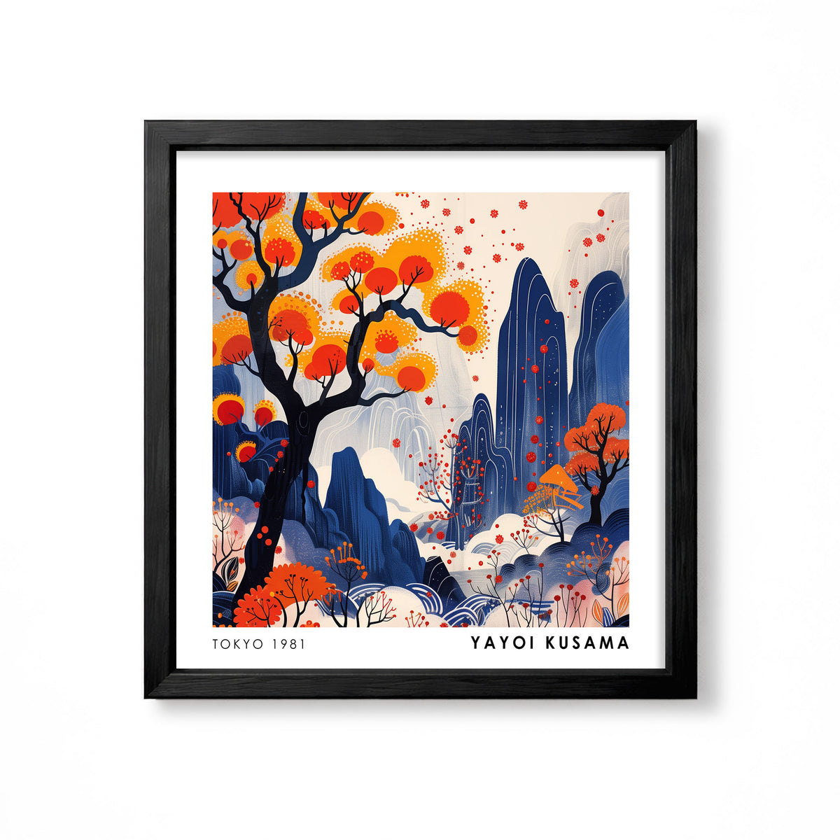 Yayoi Kusama inspired orange tree blue mountain Japanese landscape wall art print