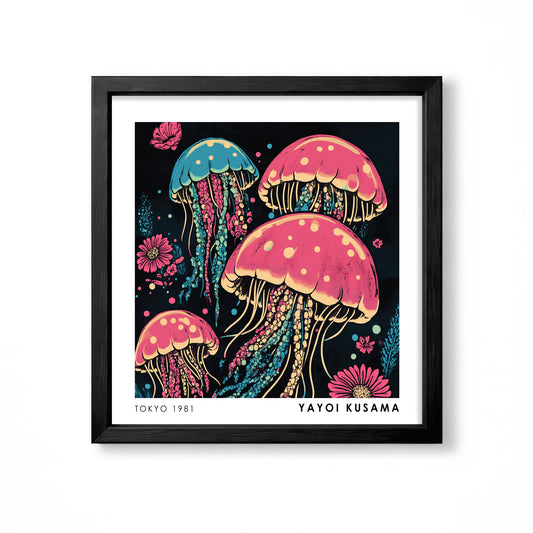 Yayoi Kusama inspired pink turquoise jellyfish retro Japanese ocean wall art print