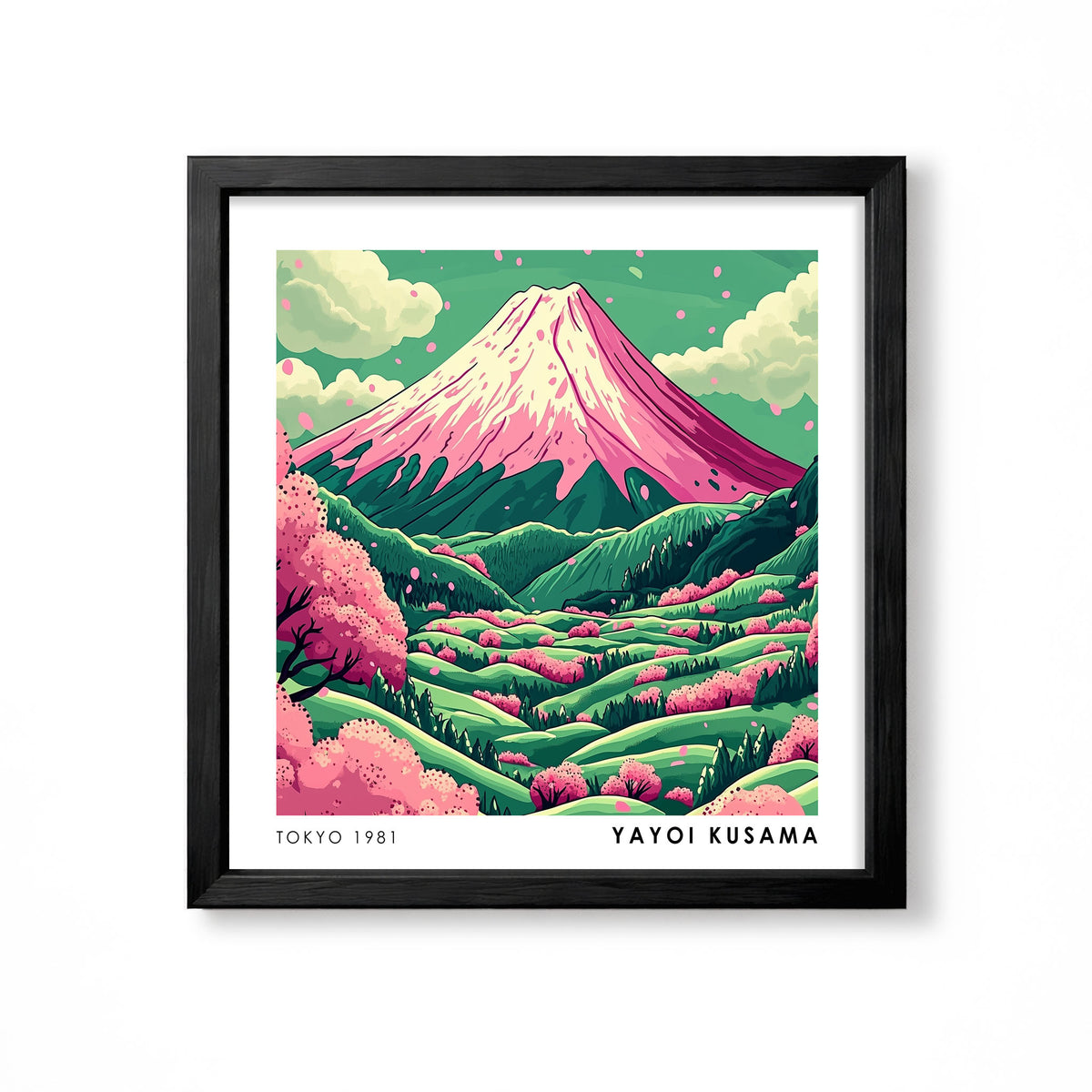 Yayoi Kusama inspired pink Mount Fuji cherry blossom Japanese landscape wall art print